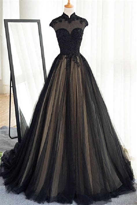 Black Tulle Cap Sleeves Floor Length Long Prom Dresses