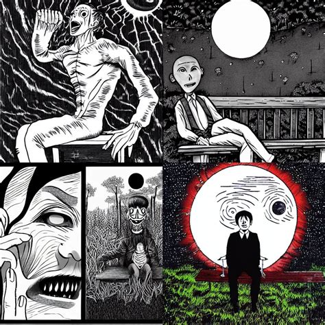 In The Style Of Junji Ito A Man Sitting On A Park Stable Diffusion