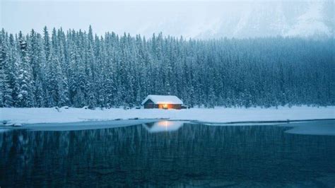 Winter Snow Ice Lake House Trees Cabin