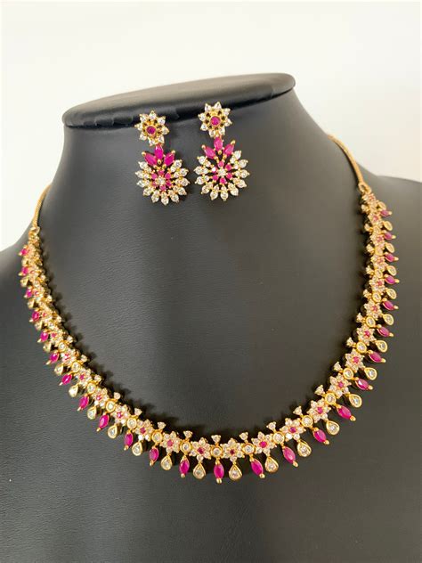Indian Jewelry Designer Gold Finish Ruby Necklace Set Ad Stones