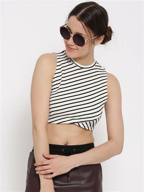 Forever 21 White And Black Crepe Striped Crop Top Striped Crop Top