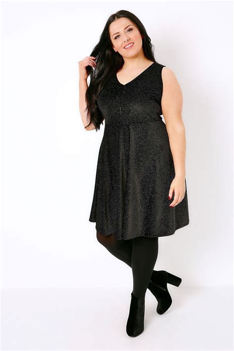 black and multi velour glitter skater dress with v neckline plus size skater dress fit n flare