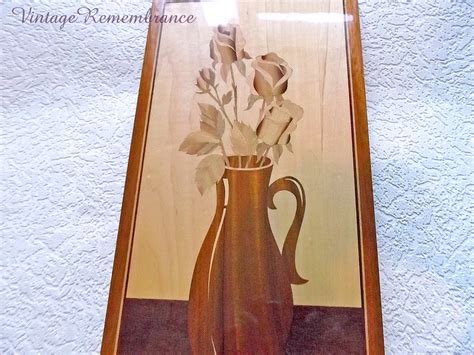Vintage Marquetry Intarsia Picture Roses Wooden Wall Decor Rare Light Color