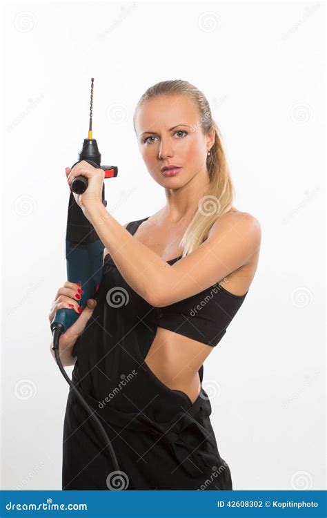 Builder Woman With A Drill In Her Hands Stock Photo Image Of Woman Drill