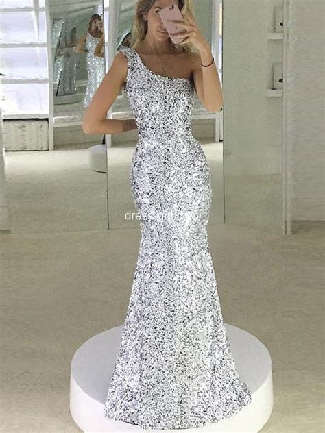 Sparkly Mermaid One Shoulder Open Back Silver Sequins Long Prom Dresses