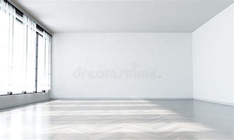 Empty White Living Room With Sunlight And Big Windows Stock
