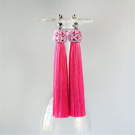 Silk Pink Tassel Earrings Long Statement Earrings Bead Earrings