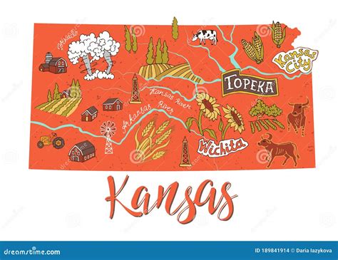 Illustrated Map Of Kansas Usa Stock Vector Illustration Of Design