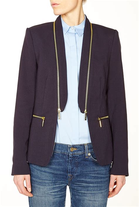 Michael Michael Kors Lux Crepe Zip Collar Jacket In Blue Gold Lyst
