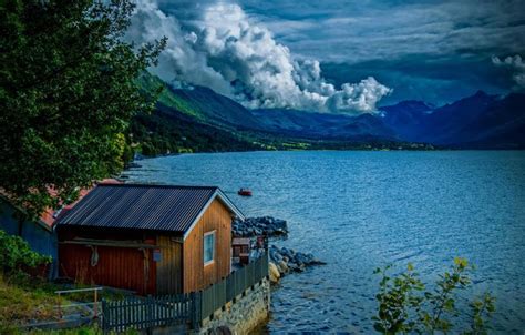 Wallpaper Clouds Mountains Lake House Norway Images For Desktop
