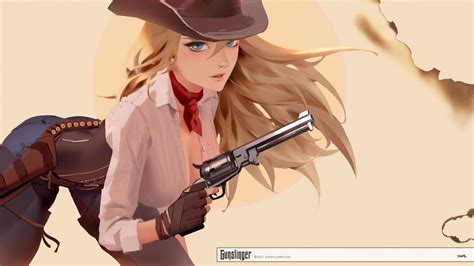 wallpaper cowgirl girls with guns revolver scarf blonde blue eyes illustration gloves