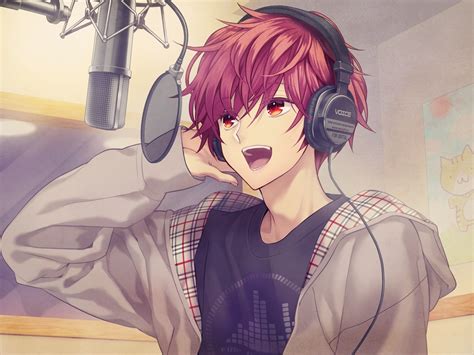 All Male Headphones Hoodie Male Microphone Minamibe0 Original Red Eyes Red Hair Short Hair