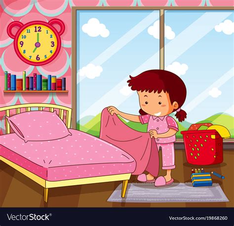 Girl Making Bed In Pink Bedroom Royalty Free Vector Image
