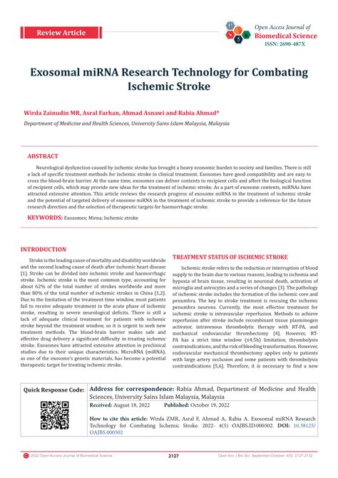 PDF Exosomal MiRNA Research Technology For Combating Ischemic Stroke Biomedical Science