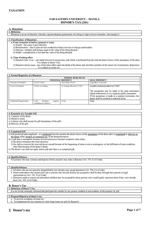 2. donors tax - TAXATION Donor’s tax Page 1 of 7 FAR EASTERN UNIVERSITY