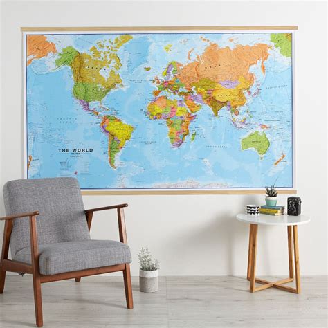 Huge World Wall Map Political Wooden Hanging Bars