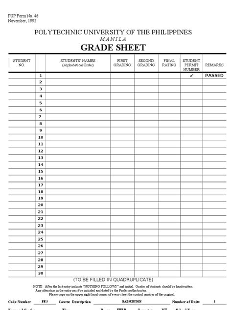 Blank Grade Sheets