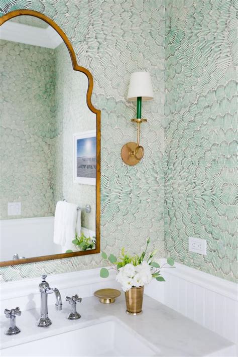 Transitional Powder Room With Green Wallpaper Green Wallpaper Powder