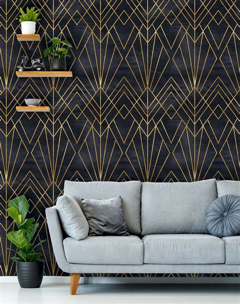 art deco peel and stick wallpaper removable geometric black and gold mural self adhesive or pre