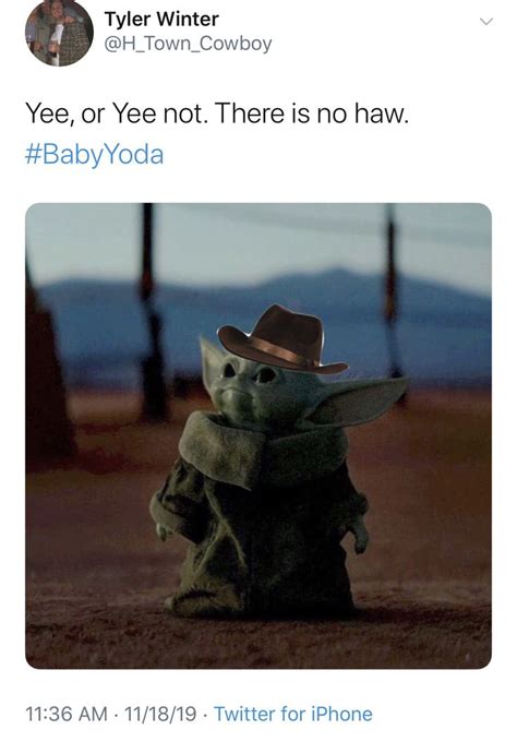 The Baby Yoda Is Wearing A Cowboy Hat And Holding A Cell Phone In His Hand