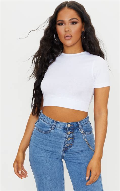 Basic White Cotton Cropped T Shirt Tops Prettylittlething Aus