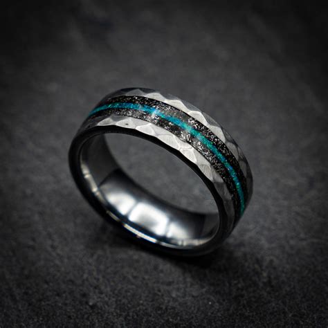 Mens Meteorite Tungsten Ring Unique Wedding Band For Him Opal