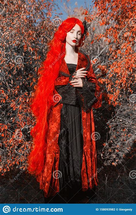 Gothic Halloween Coat Young Medieval Queen On Autumn Background Lady