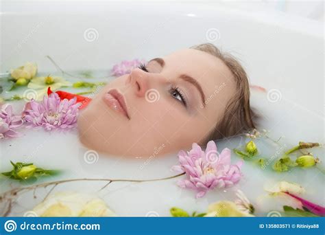Spa Beauty Girl Bathing In Milk Bath Spa And Skin Care Concept Beauty