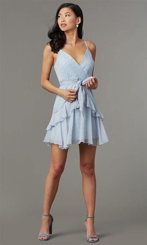 Light blue wedding dresses are simple white gowns, but they have evolved in ways unimaginable over the centuries. Short Striped Blue Wedding-Guest Party Dress -PromGirl