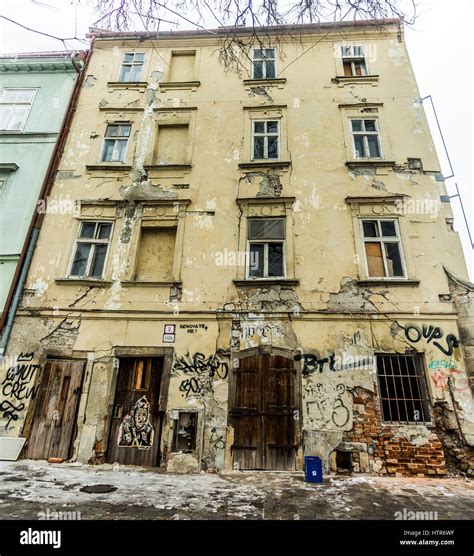 Derelict Building In Bratislava Slovakia With Graffiti And Snow Stock