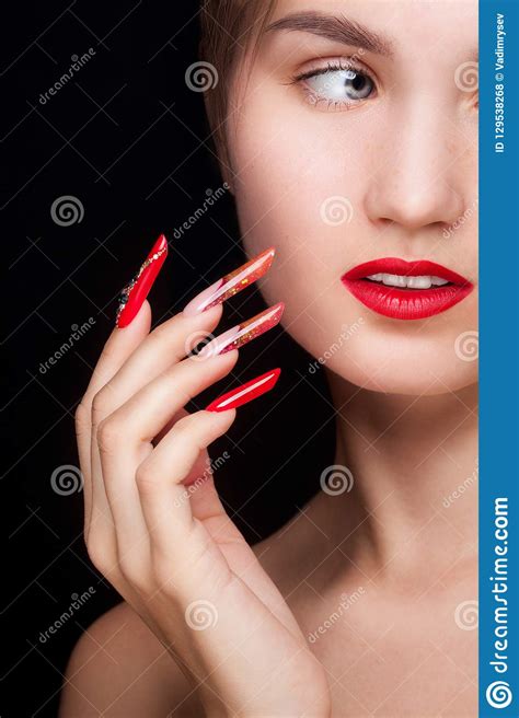 Trendy Manicure And Red Lips Beauty Fashion Makeup And Manicure Stock