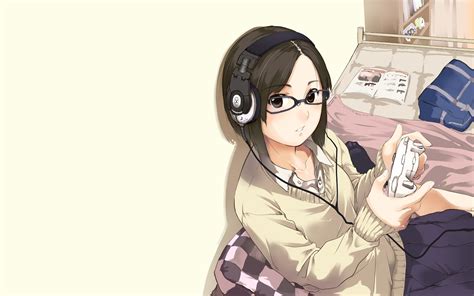 Wallpaper Playing Games Meganekko Headphones Anime Girl Short Hair