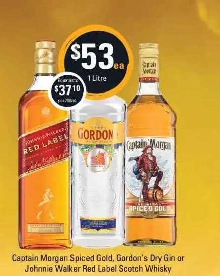 Captain Morgan Spiced Gold Gordon S Dry Gin Or Johnnie Walker Red