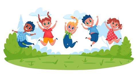 Premium Vector Kids Jumping On Meadow Illustration