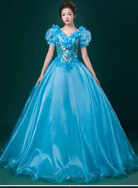 Blue Floral Bubble Sleeve Ball Gown Princess Dress Royal Medieval Dress