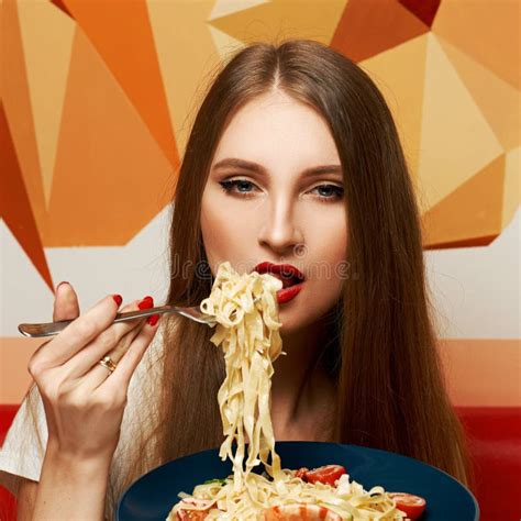 Attractive Woman Eating Seafood Pasta Stock Photo Image Of Dish