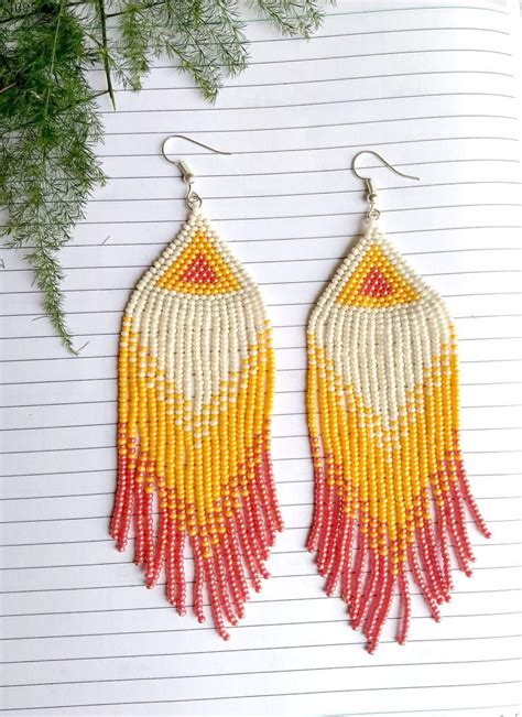 Fringe Seed Bead Earrings For Women Pink And Orange Fringe Etsy