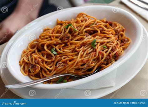Oval Shaped Plate Full Of Pasta Bolognese Stock Photo Image Of