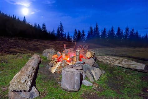 Big Campfire At Night In The Forest Stock Photo Image Of Campsite