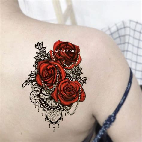 Florence Red Rose Black Lace Temporary Tattoo Mybodiart