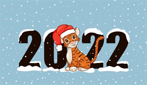 Happy New Year 2022 Text Design With Cartoon Style With Tigers The