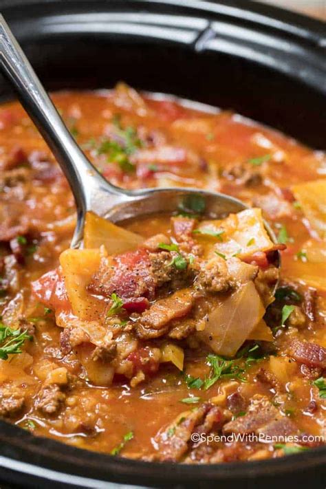 Hearty and extremely delicious, this one pot hamburger cabbage soup recipe is easy to make and always a huge hit! Crock Pot Cabbage Roll Soup {with Bacon} - Spend With Pennies