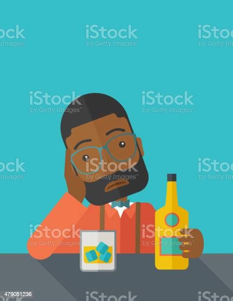 Sad African Man Alone In The Bar Drinking Beer Stock Illustration