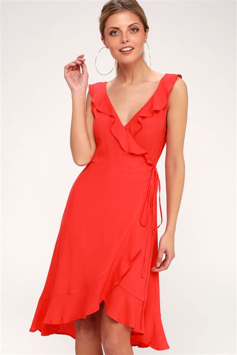 cute coral red dress wrap dress ruffled midi dress lulus