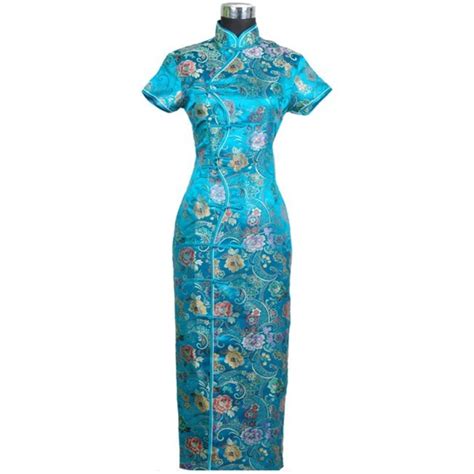 hot sale blue chinese women s traditional dress silk satin long qipao handmade button cheongsam