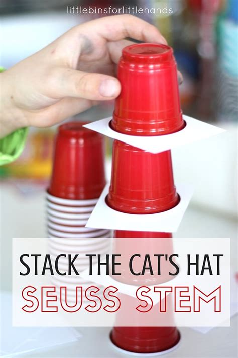 We have a long list of teaching and learning activities to linked to the cat in the hat by dr. Cat In A Hat Cup Stacking Challenge | Little Bins for ...