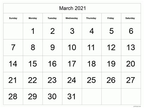 Printable March 2021 Calendar Big Dates