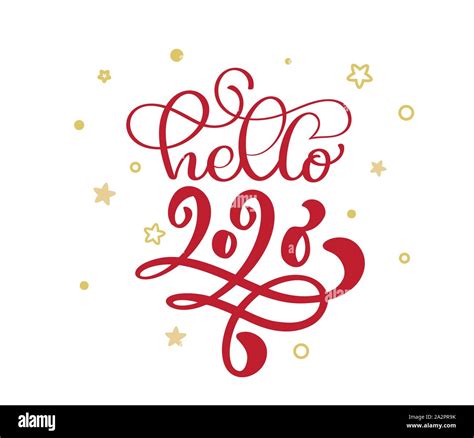 Hello 2020 Hand Drawn Red Text Typography Vector Illustration With Gold