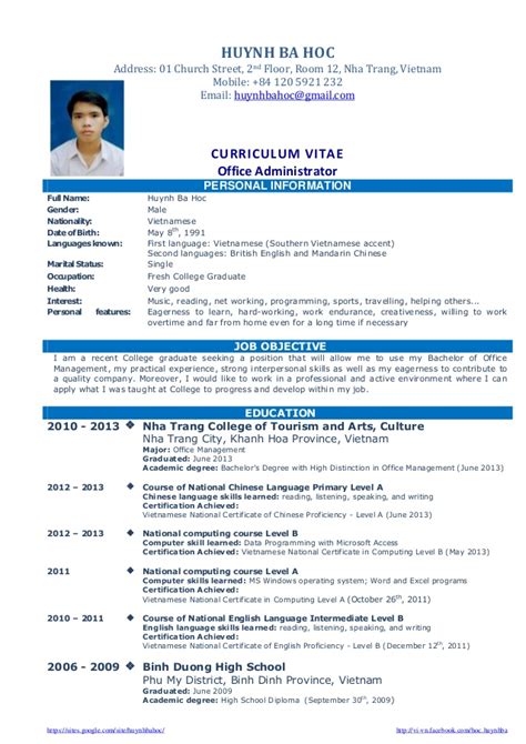 cv resume sample  fresh graduate  office administration