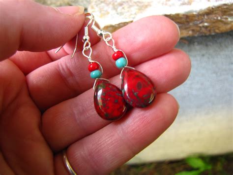 Red And Turquoise Earrings Picasso Glass Teardrops Wire Etsy